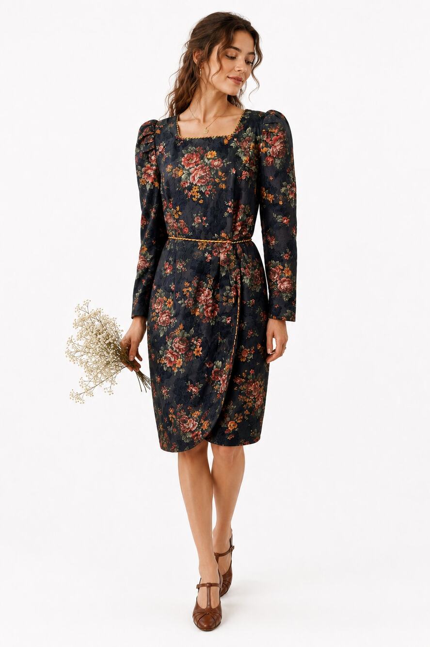 Vtg Cottagecore Brocade Floral Regency Dark Romantic Square Neck Dress 14